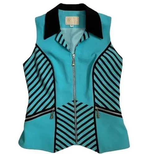 Alberto Makali Vintage New York Turquoise Striped Zipper Sleeveless Blouse Vest