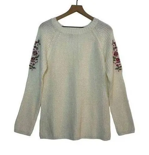 Vintage Ivory Knit Sweater with Embroidered Floral Sleeves Size Medium Cottage