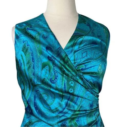Lauren Ralph Lauren Dress Satin Wrap Top Ruched Teal Paisley Women’s Size 14 Blue