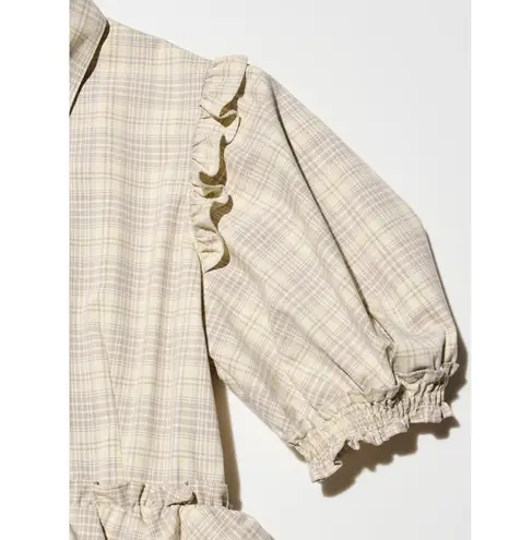 GU (Uniqlo) x Rokh Half Sleeve Shirt Dress in Beige Plaid Check Size M