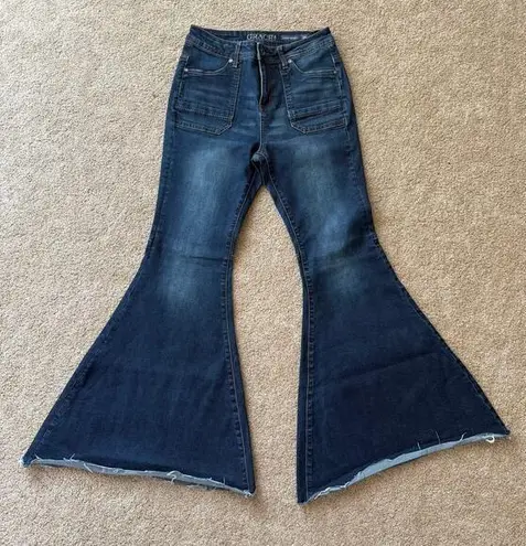 Grace in LA High Waisted Medium To Dark Wash Super Flare Bell Bottoms Boho (28) Blue