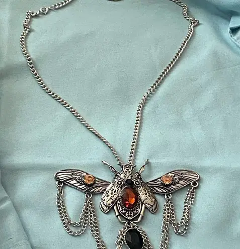 22” Necklace Silver Tone Beetle Pendant 4.5”W Stones Steampunk Goth Gothic