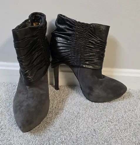 LAMB Gray Suede Scrunched Leather Stiletto Bootie Boots Size 8.5