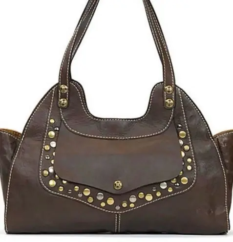 Patricia Nash Dark Brown Studded Ergo Satchel Italian Leather Top Handle Bag