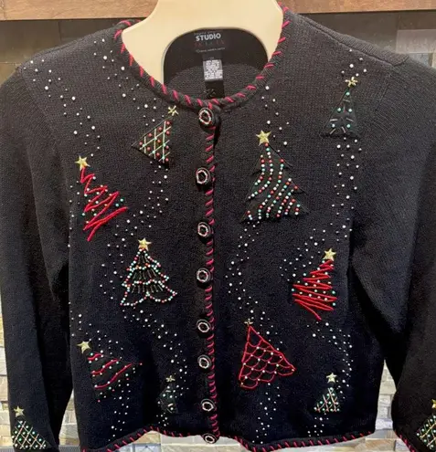 DESIGNER ORIGINALS STUDIO FA LA LA LADIES HOLIDAYCARDIGAN 2XL BUTTON FRONT BEAD Black Size 2X