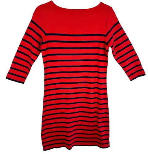 L.L.Bean  100% Cotton Red Navy Blue 3/4 Sleeve Tight Knit Sweater Dress Size S