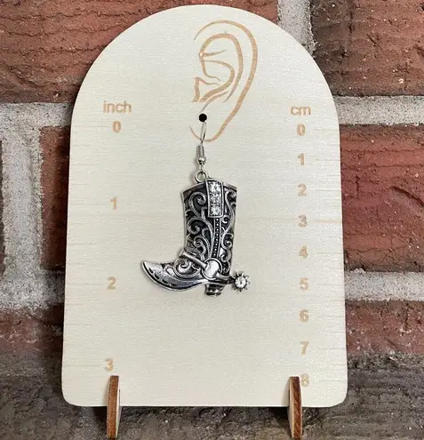 Tooled Cowgirl Boot Earrings with Rhinestones Silver