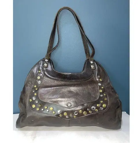 Patricia Nash Dark Brown Studded Ergo Satchel Italian Leather Top Handle Bag