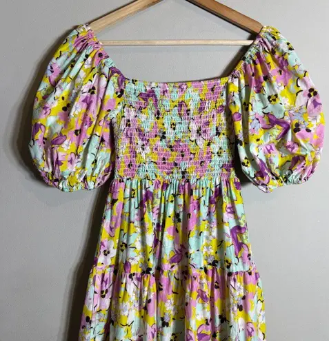 Pinch Puff Sleeve Floral Tiered Midi Dress Womens Small Smocked Boho Cottagecore Pink