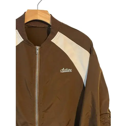 Dazy Jacket Womens Small Brown Cream Cropped Full Zip Long Sleeve Collarless