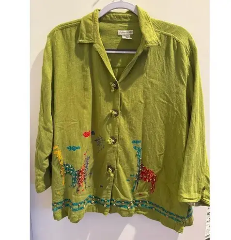 Vintage Mureli Women's Fine Linen Blend Green Beadwork Safari Giraffes Top, sz L Size L