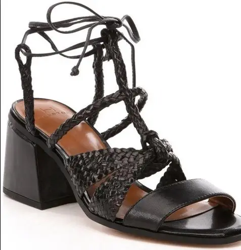 H by Halston 7.5 Halston Piper Strappy Block Chunky Sandal Heels Black Leather Braided
