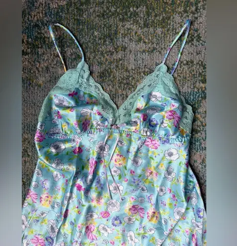 Vintage 90s Y2K Secret Treasures blue floral lace short slip dress, size small