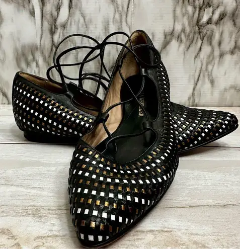 Black Lace Up Leg Wrap Gladiator Leather Ballet Flats Woven Handmade Basketweave Size 9