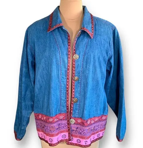 Vintage 90s Denim Jacket Pink Trim Medium Wash Floral Printed Shacket Large Blue