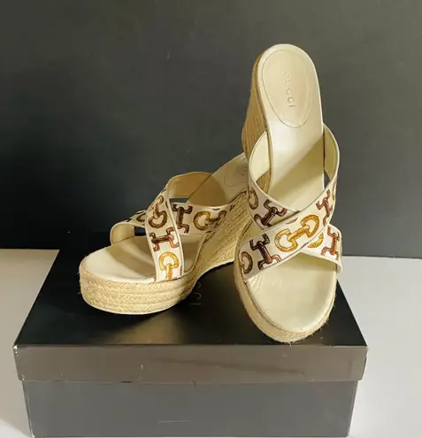 Gucci Bamboo Horsebit Leather and Satin Printed Espadrilles Wedge Sandals Sz 9+