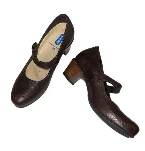 Wolky Brown Textured Leather Mary Jane Heels Size 39 US 8 Retro Twee Orthopedic