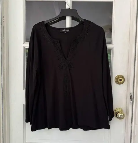 Liza Byrd Tunic Top Blouse Shirt Long Sleeve Black Appliqué Trim XL G4