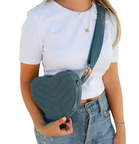 Fashion Statement Womens Crossbody Bag Denim Heart Shape Pewter Gold Chain Strap Blue