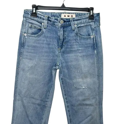 AMO Kick Crop Jeans in Sweet Cheeks Distressed Raw Hem Mid Rise Women’s Size 26 Blue