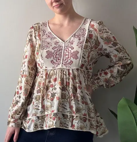 Sundance Autumn Print Floral Blouse Button Cuff Long Sleeve V