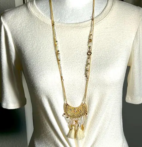 Women’s Boho Double Strand Mixed Bead Fringe Tassel Gold Tone Medallion Necklace