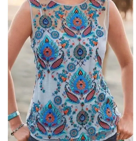 Sundance Catalog Top Women’s Sz XS Thermal BOHO Embroidered Shirt Blue Summer White