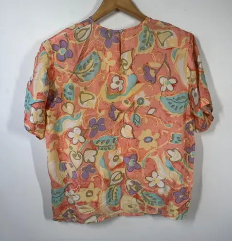 Vintage Top Women M Orange Floral 100% Silk Blouse Modest Business Career Spring Size M