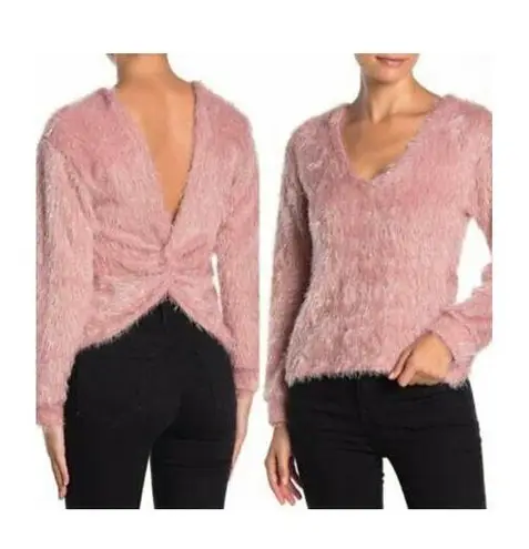 Lush Clothing Lush Rosewood Pink Shaggy V-Neck Knot Back Sweater Size Small