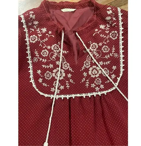 On the Couch Wine red micro polka dot boho embroidered dress sz M boho Size M