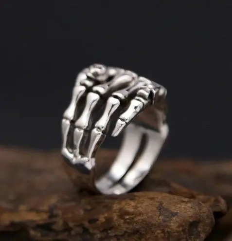 925 Silver Plated Adjustable Skull Hand Ring for Men Women,Punk Hip Hop Ring