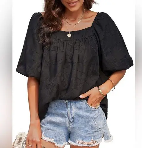 Mincib Summer Flowy Chiffon Loose Fit Square Neck Puff Sleeve Blouse Size 2X Black
