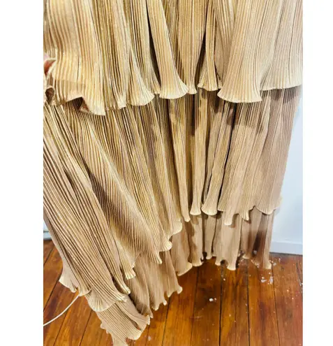 Mac Duggal Gold Metallic Plissé Square Neck Pleated Ruffle Belt Detail Dress 8