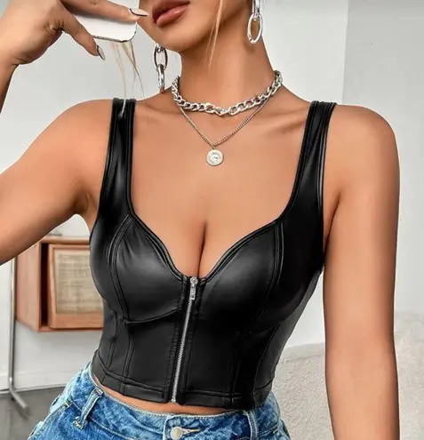 NEW Black Faux Leather Zip Up Front Crop Tank Top Size Large
