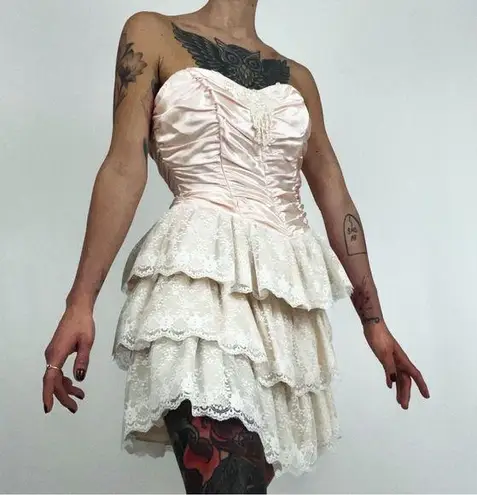 Vintage 90’s Strapless Satin Corset Mini Dress with Lace Ruffle Skirt | Size XS Pink