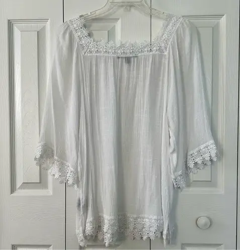 Zac and Rachel Bohemian Linen Feel Flowy Top Crochet Nevkline Hem Sleeve 2X