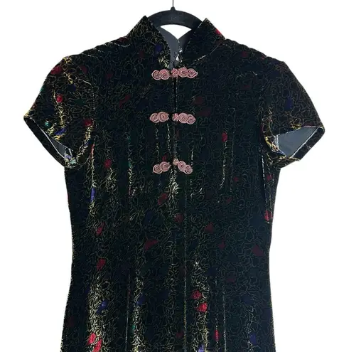 Vintage Velvet Chinese Cheongsam Dress Short Sleeve Gothic WhimsiGoth Y2K Small Brown