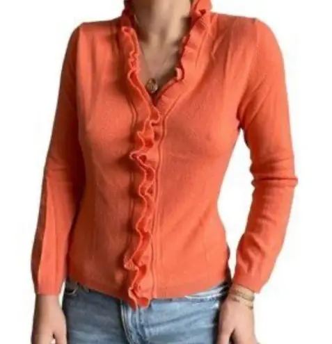 Garnet Hill 100% Cashmere orange Ruffle button Cardigan Sweater XS Extra Small