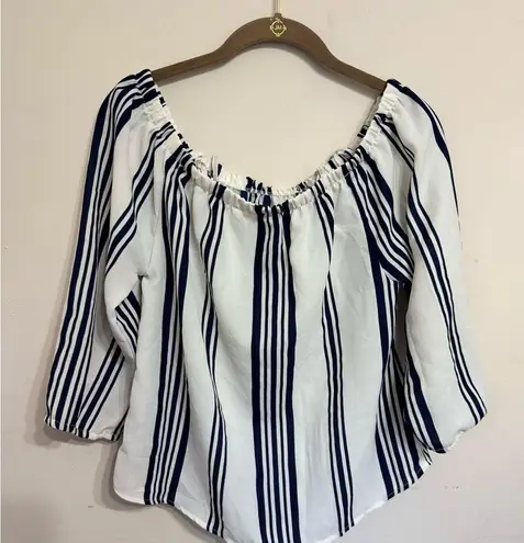 Hint of Blush | Navy & White Striped Off the Shoulder Sheer Blouse | Medium