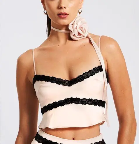 Miss circle Yareli Beige Lace Trim Satin Strappy Top Pink Size L