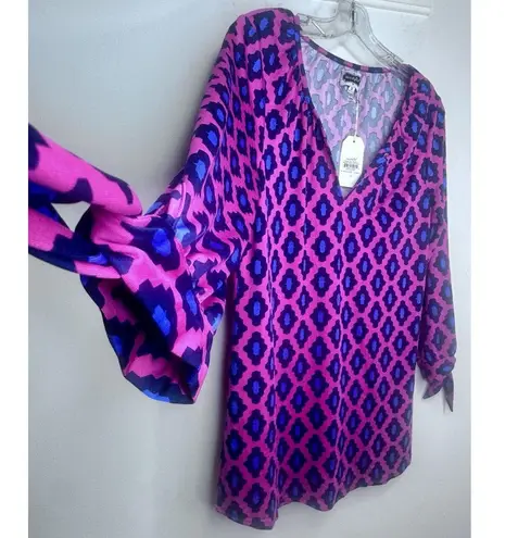 Mud Pie NWT Tunic Top Small Kingsley Pink Blue Geometric 3/4 Sleeve V Neck Boho