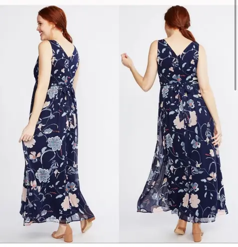 Motherhood Maternity Navy Floral Chiffon Maxi Dress w/ Surplice Pin-tuck Waist