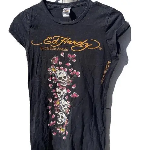 Ed Hardy Vintage Christian Audigier Women's Black T-Shirt Skulls Flower Tattoo S