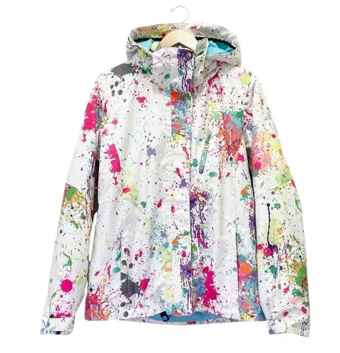 GSOU Snow 10K Waterproof Ski Snowboard Jacket White Paint Splatter Size Large Pink