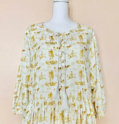 NoliaBae Cream & Brown Yellow Western Horse Print Maxi Dress. Size XL
