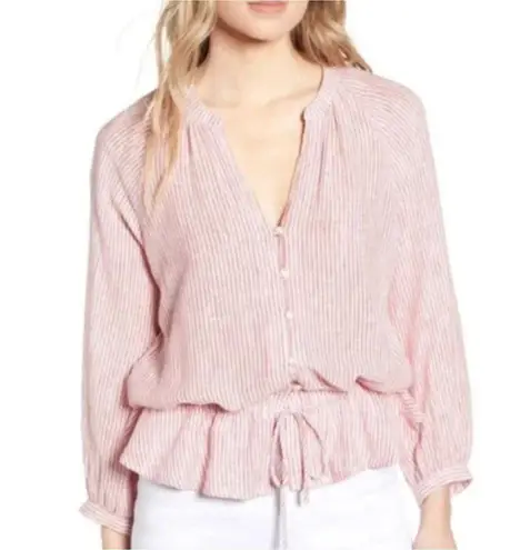 Rails Marti Peplum Blouse in Scarlet Stripe Linen Rayon Blend Top L