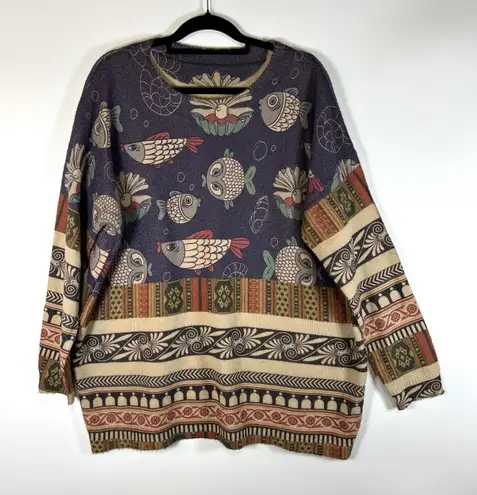 Boho Artsy Fish Graphic Sweater Women's Colorful Wool Knit Pullover Size XXL Purple