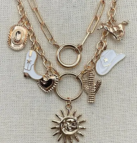 Western Sunburst Charm Necklace Set Gold