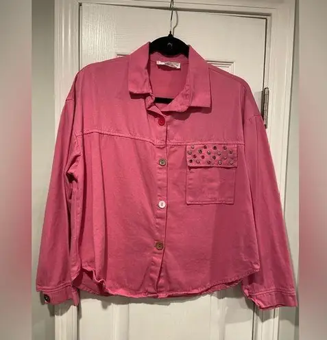 Pink City Size L Pink Bedazzled Pocket Long Sleeve Colorful Mixed Button Shirt Size L