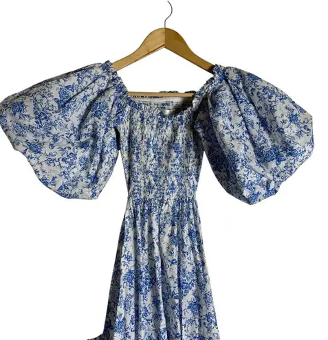 Caroline Constas Yara Blue Toile Floral Off Shoulder Puff Sleeve Maxi Dress S
